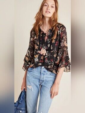 Maeve Black Floral Peasant Blouse